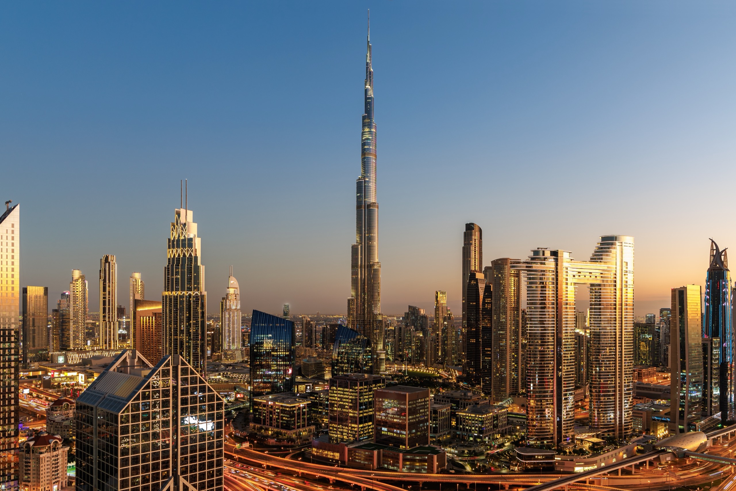 Dubai skyline with Burj Khalifa at dusk